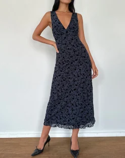 Motel Rocks Midi Dresses-Gabriela Midi Dress in Flocked Petal Navy FlockedPetalNavy