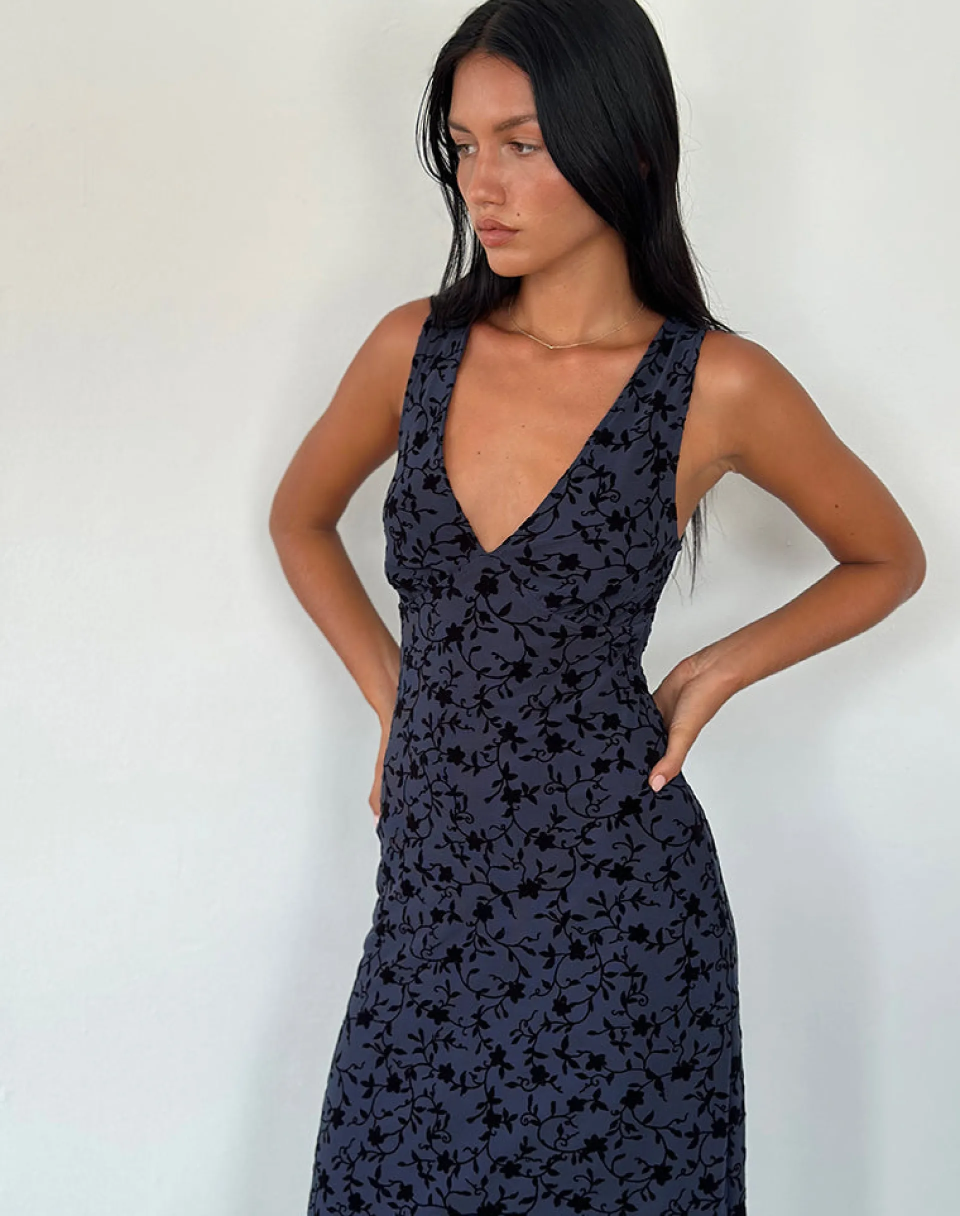 Motel Rocks Midi Dresses-Gabriela Midi Dress in Flocked Petal Navy FlockedPetalNavy