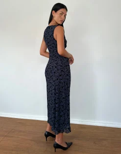 Motel Rocks Midi Dresses-Gabriela Midi Dress in Flocked Petal Navy FlockedPetalNavy