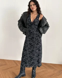Motel Rocks Printed Dresses | Midi Dresses-Gabriela Midi Dress in Vine Flocked Floral Ocean Storm VineFlockedFloralOceanStorm