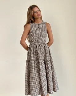 Motel Rocks Day Dresses | Midi Dresses-Galuh Smock Dress in Mini Brown Gingham