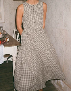 Motel Rocks Day Dresses | Midi Dresses-Galuh Smock Dress in Mini Brown Gingham