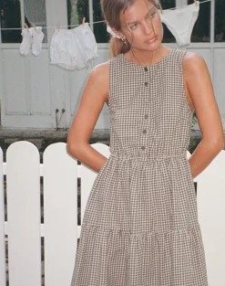 Motel Rocks Day Dresses | Midi Dresses-Galuh Smock Dress in Mini Brown Gingham