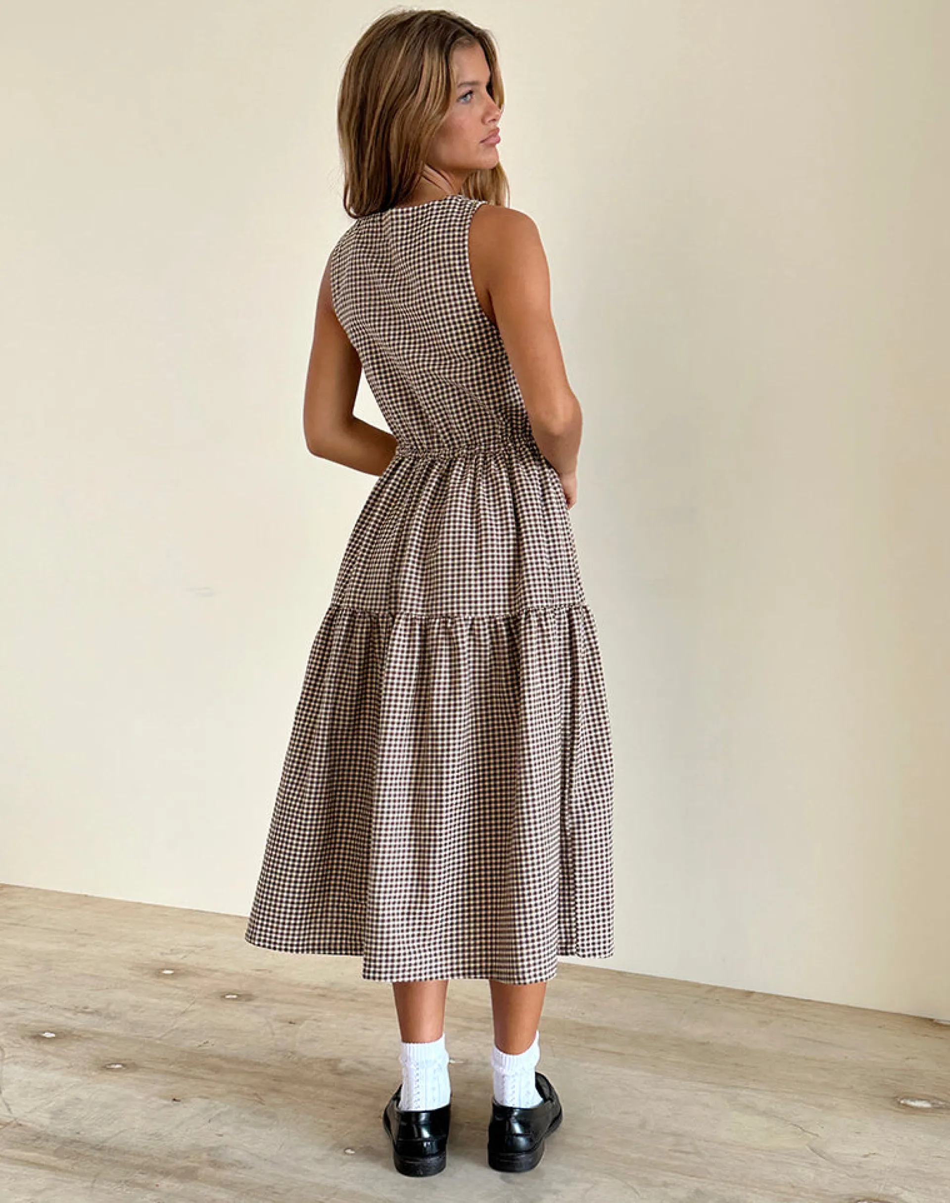 Motel Rocks Day Dresses | Midi Dresses-Galuh Smock Dress in Mini Brown Gingham