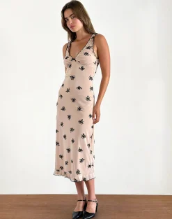 Motel Rocks Printed Dresses | Day Dresses-Gandira Midi Dress in Cluster Ditsy Floral Flock Nude