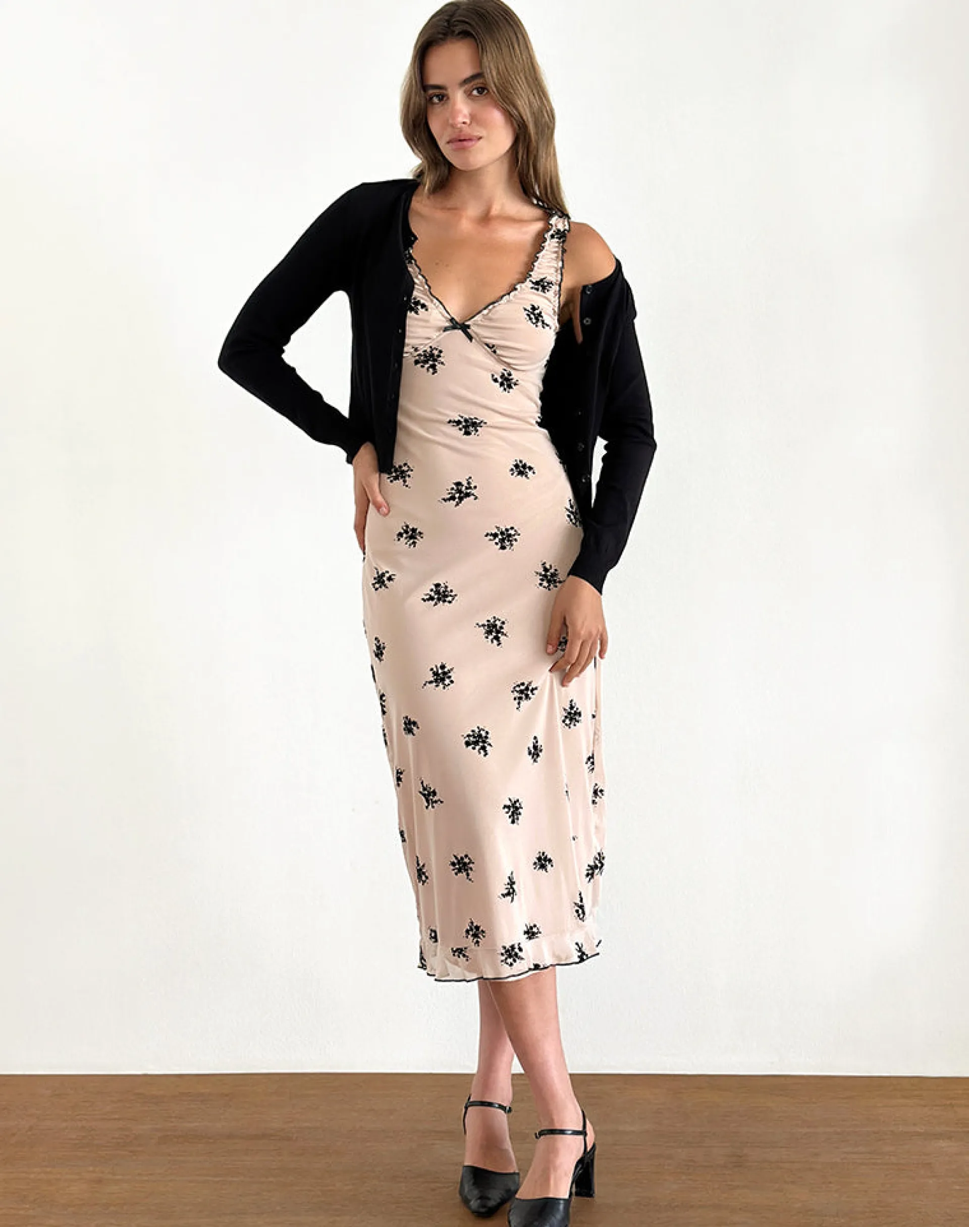 Motel Rocks Printed Dresses | Day Dresses-Gandira Midi Dress in Cluster Ditsy Floral Flock Nude