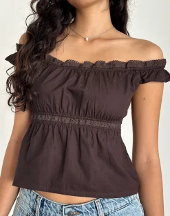 Motel Rocks Going Out Tops-Gapita Bardot Top in Poplin Deep Mahogany