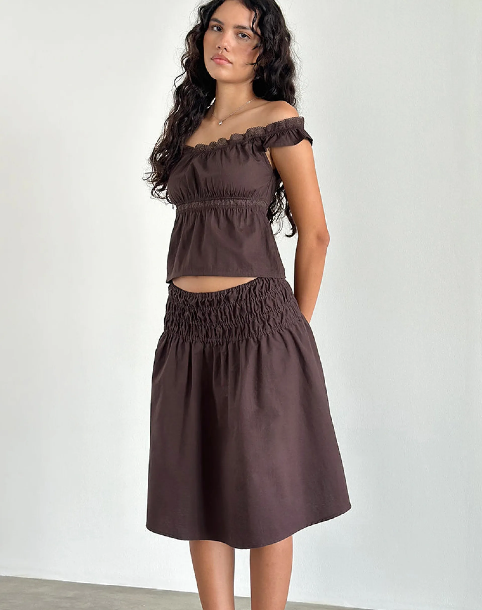 Motel Rocks Going Out Tops-Gapita Bardot Top in Poplin Deep Mahogany