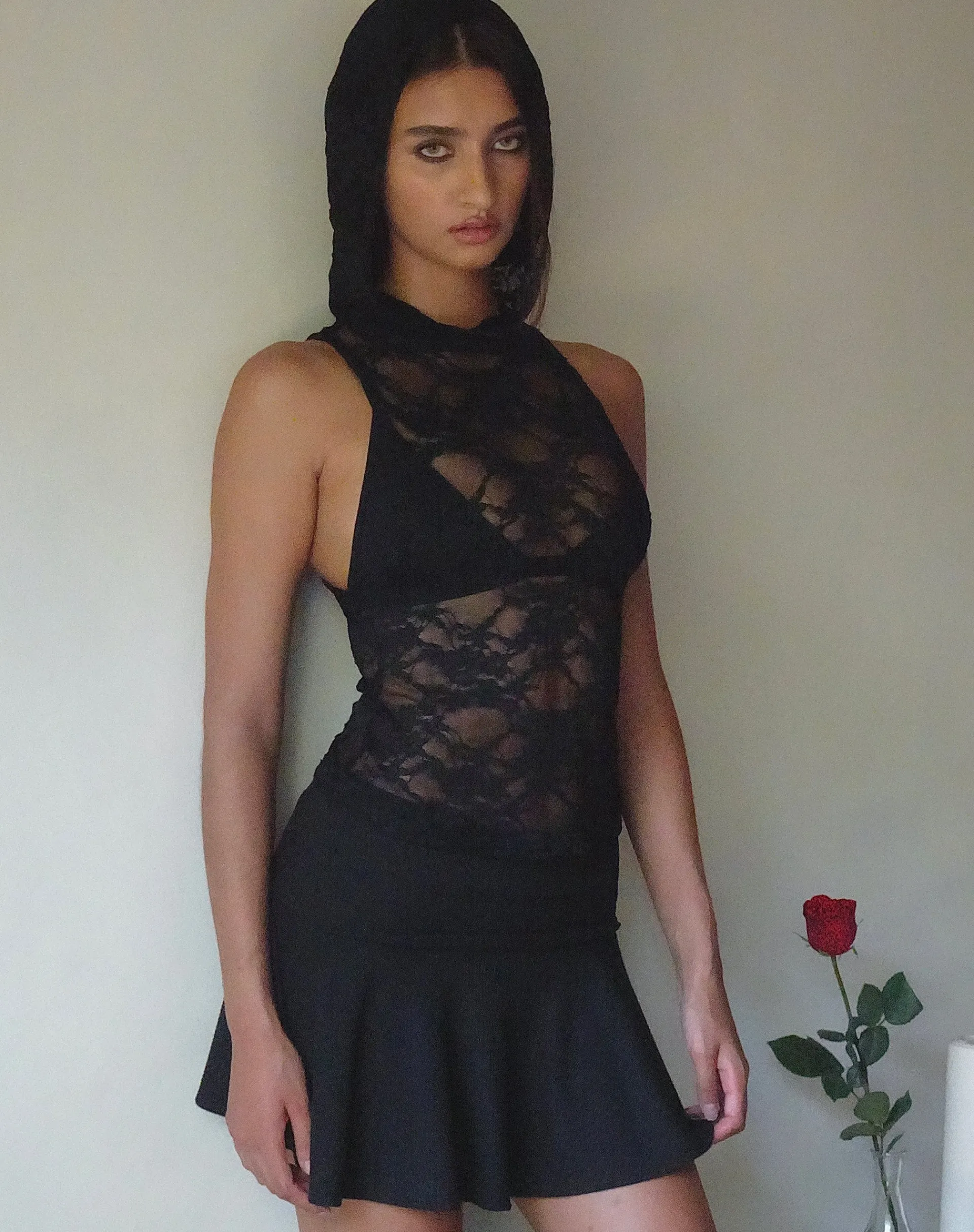 Motel Rocks Lace Tops-Garfie Unlined Hooded Top in Abstract Lace Black