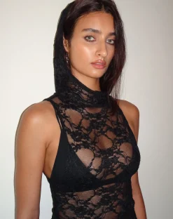 Motel Rocks Lace Tops-Garfie Unlined Hooded Top in Abstract Lace Black