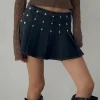 Motel Rocks Pleated Skirts-Gatlin Pleated Denim Mini Skirt in Black Wash with Studs