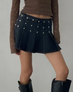Motel Rocks Pleated Skirts-Gatlin Pleated Denim Mini Skirt in Black Wash with Studs