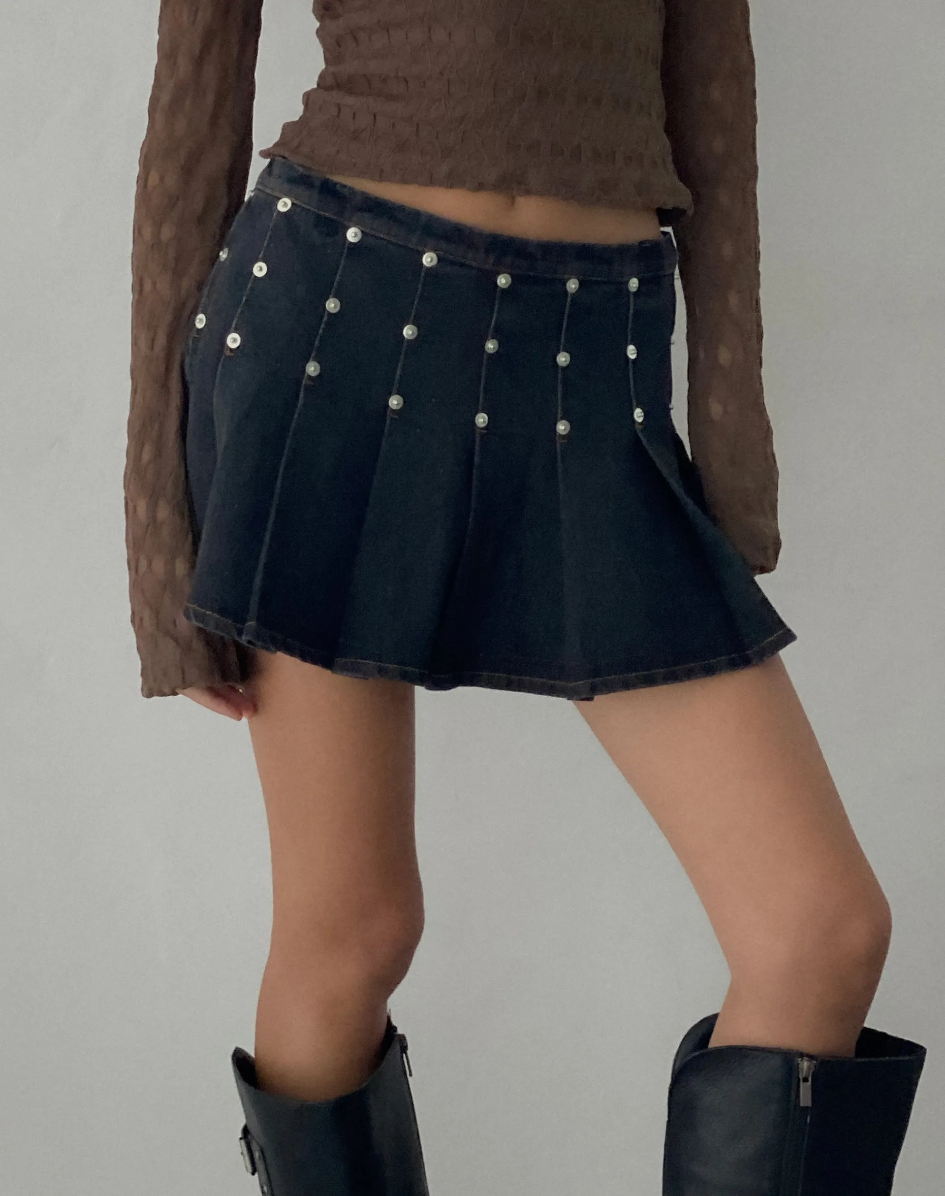 Motel Rocks Pleated Skirts-Gatlin Pleated Denim Mini Skirt in Black Wash with Studs