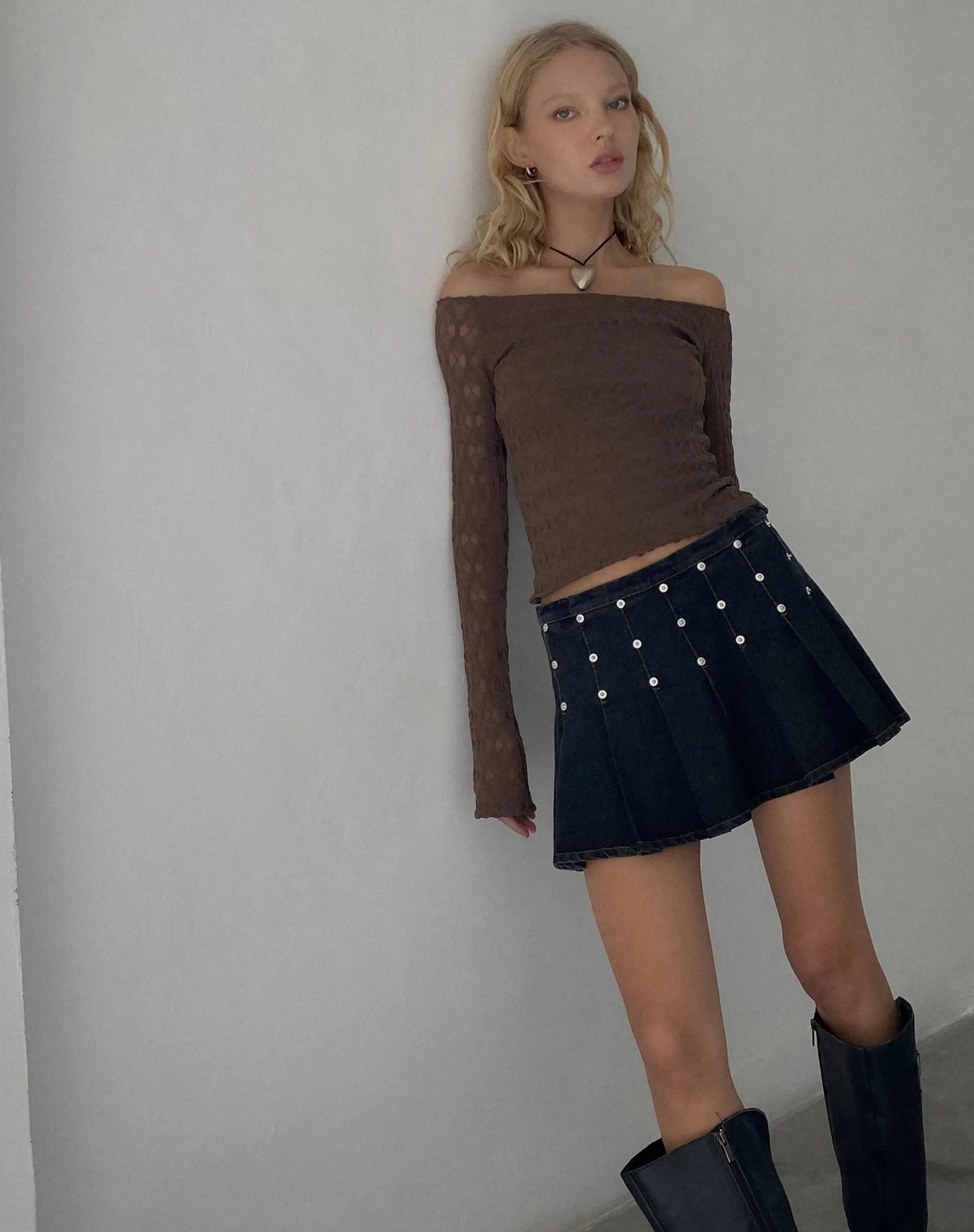 Motel Rocks Pleated Skirts-Gatlin Pleated Denim Mini Skirt in Black Wash with Studs