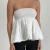 Motel Rocks Bandeau Tops-Gaux Puffball Shirred Top in Poplin Ivory PoplinIvory
