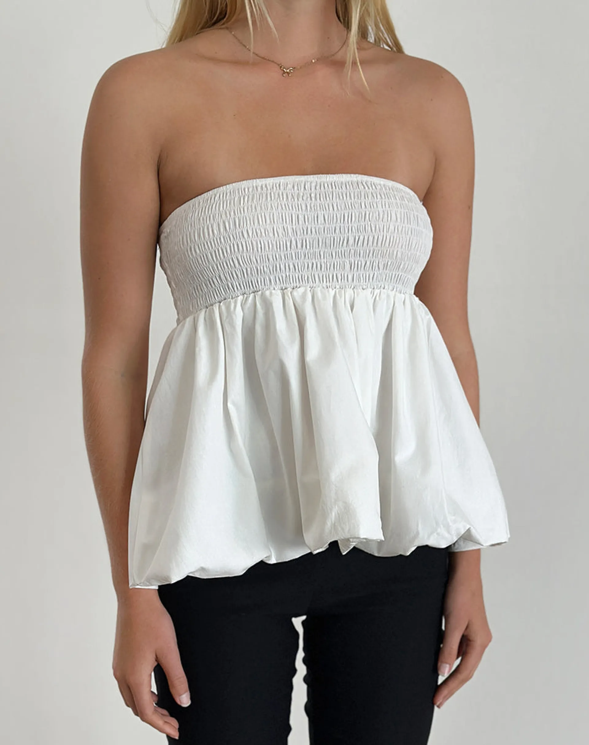Motel Rocks Bandeau Tops-Gaux Puffball Shirred Top in Poplin Ivory PoplinIvory