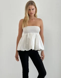 Motel Rocks Bandeau Tops-Gaux Puffball Shirred Top in Poplin Ivory PoplinIvory