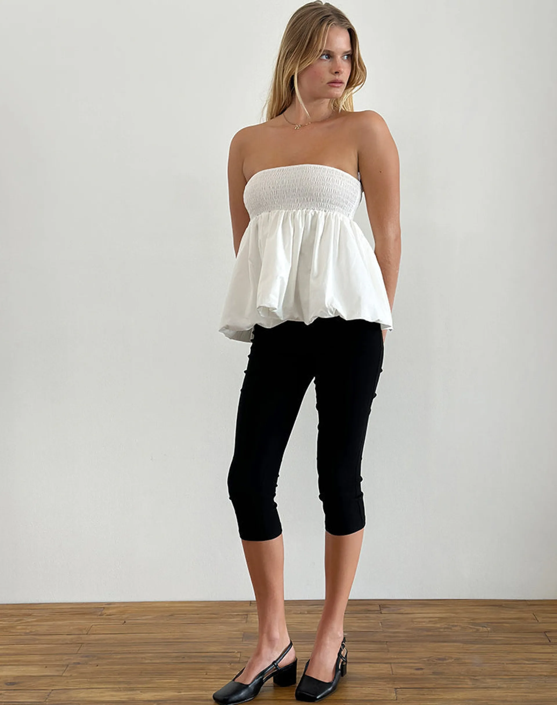 Motel Rocks Bandeau Tops-Gaux Puffball Shirred Top in Poplin Ivory PoplinIvory