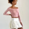 Motel Rocks Basic Tops | Long Sleeve Tops-Gavya Bardot Long Sleeve Top in Pink Lady with White Stripe PinkLadywithWhiteStripe