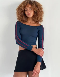 Motel Rocks Basics | Basic Tops-Gavya Bardot Long Sleeve Top in Navy with Adrenaline Red Stripe NavywithAdrenalineRedStripe