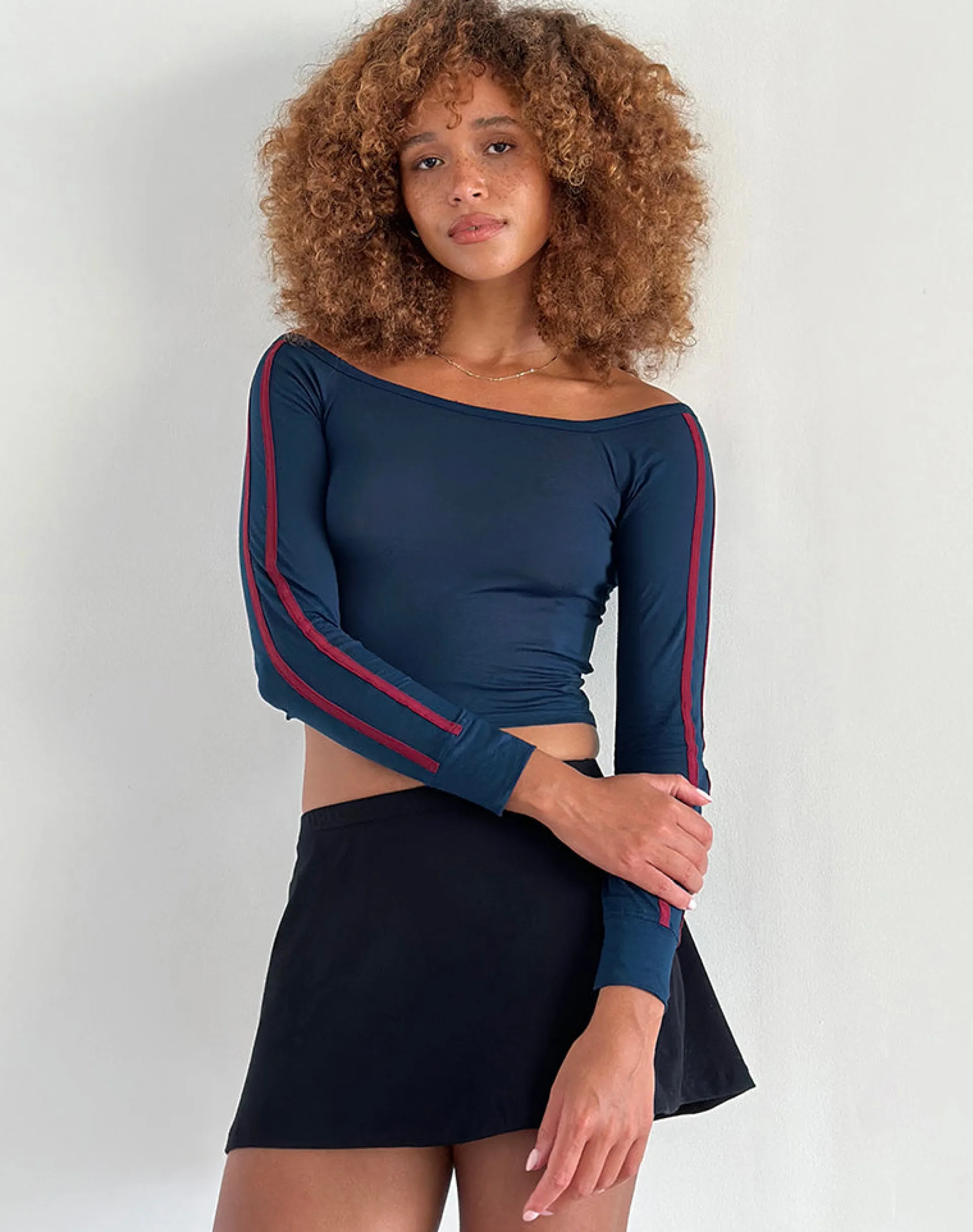 Motel Rocks Basics | Basic Tops-Gavya Bardot Long Sleeve Top in Navy with Adrenaline Red Stripe NavywithAdrenalineRedStripe