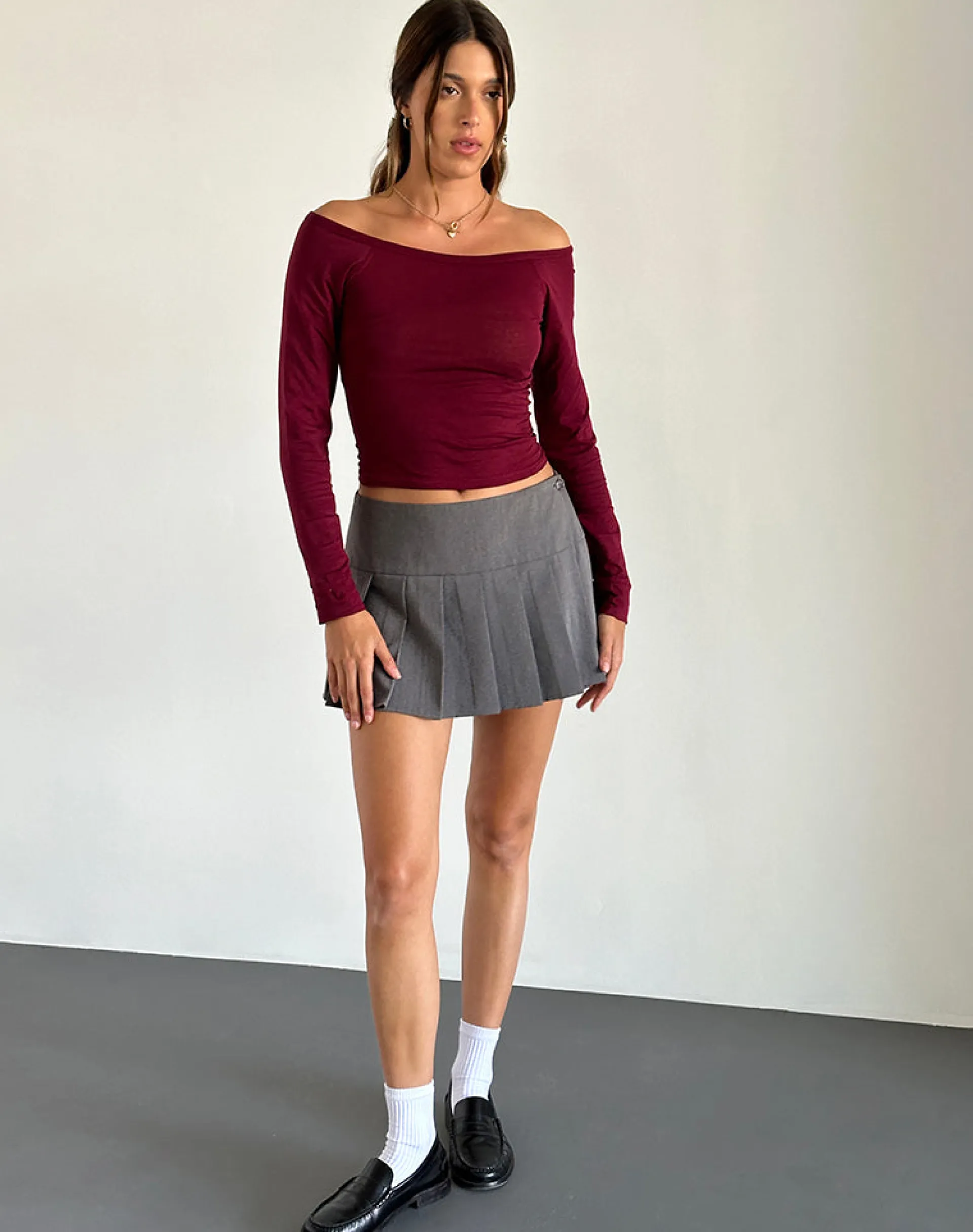 Motel Rocks Basics | Basic Tops-Gavya Bardot Long Sleeve Top in Burgundy