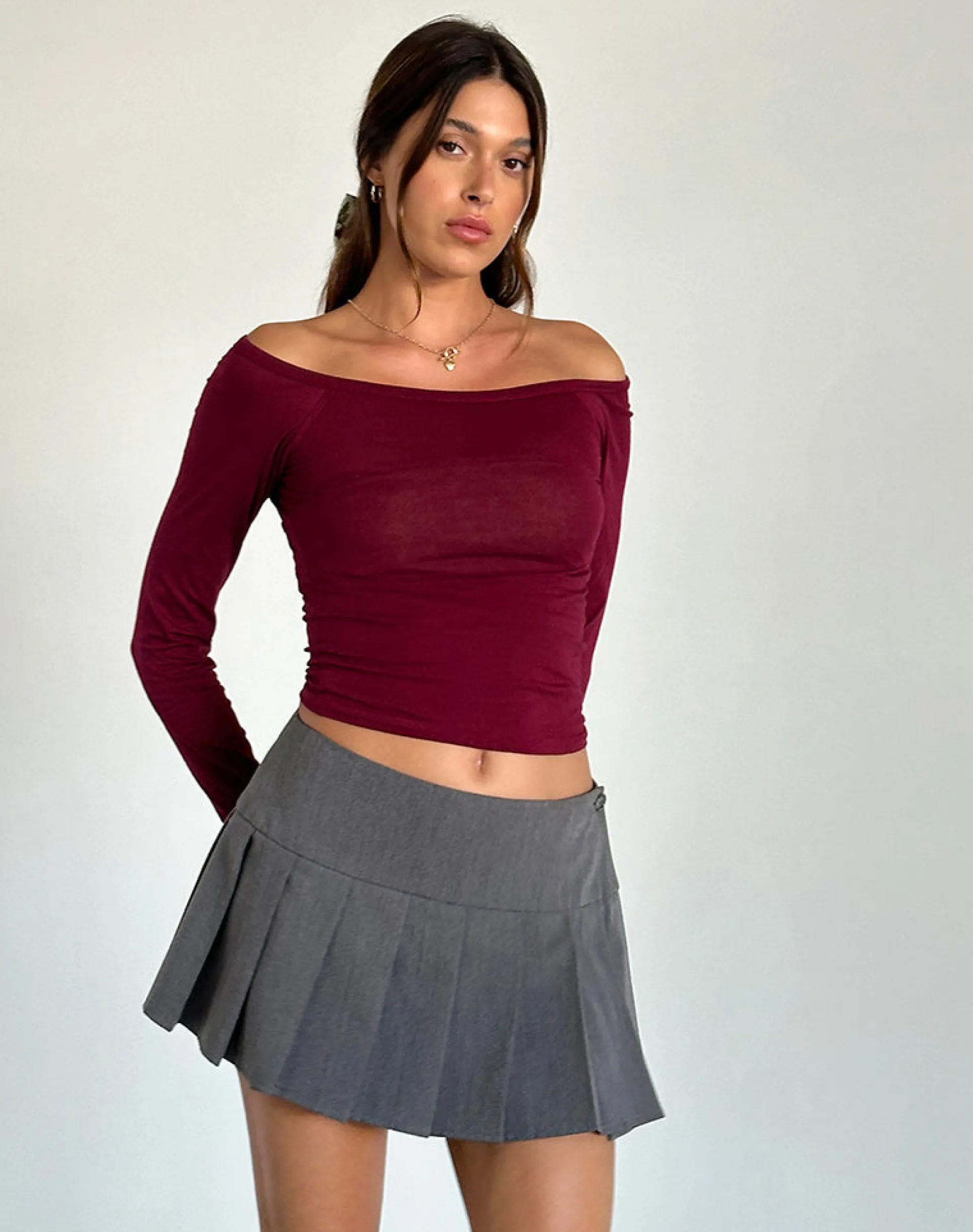 Motel Rocks Basics | Basic Tops-Gavya Bardot Long Sleeve Top in Burgundy