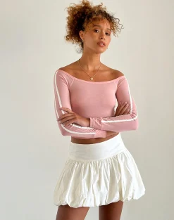 Motel Rocks Basic Tops | Long Sleeve Tops-Gavya Bardot Long Sleeve Top in Pink Lady with White Stripe PinkLadywithWhiteStripe