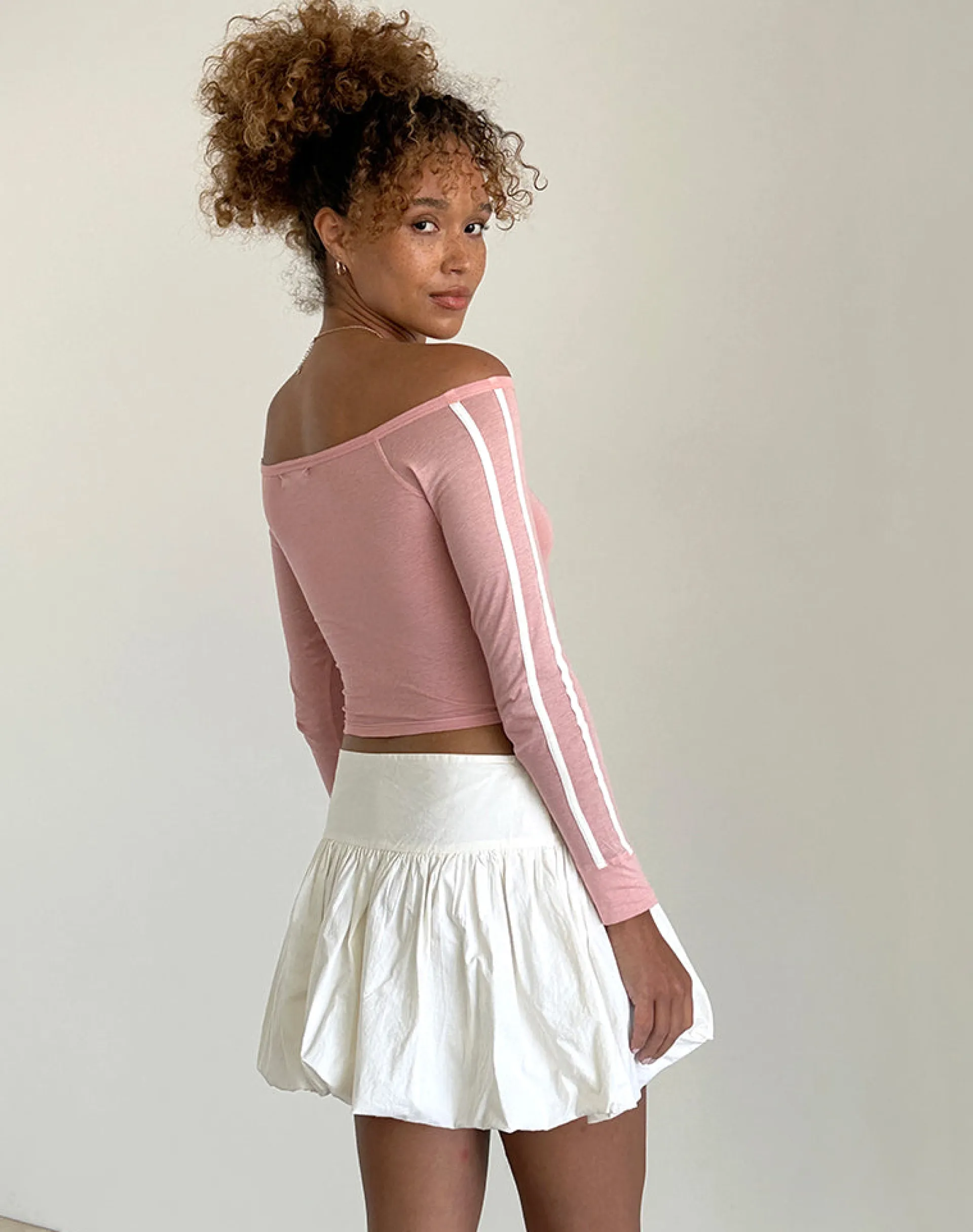 Motel Rocks Basic Tops | Long Sleeve Tops-Gavya Bardot Long Sleeve Top in Pink Lady with White Stripe PinkLadywithWhiteStripe