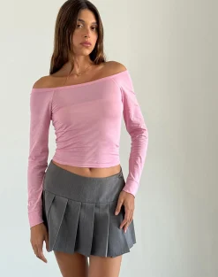 Motel Rocks Basics | Basic Tops-Gavya Long Sleeve Bardot Top in Flamingo Pink FlamingoPink