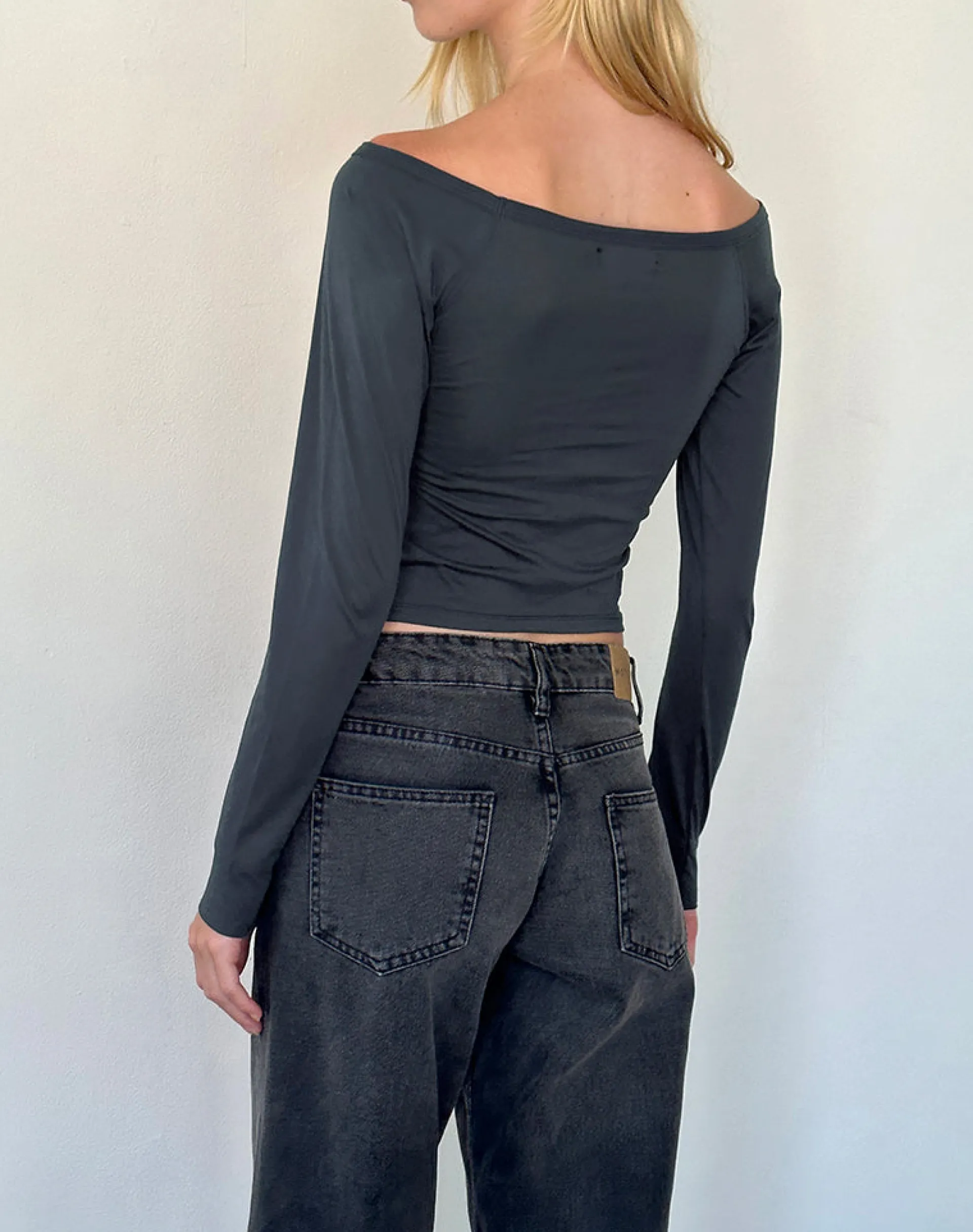Motel Rocks Basics | Basic Tops-Gavya Long Sleeve Bardot Top in Ocean Storm Jersey OceanStormJersey