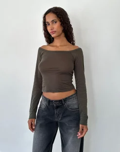 Motel Rocks Basics | Basic Tops-Gavya Long Sleeve Bardot Top in Olive Jersey OliveJersey