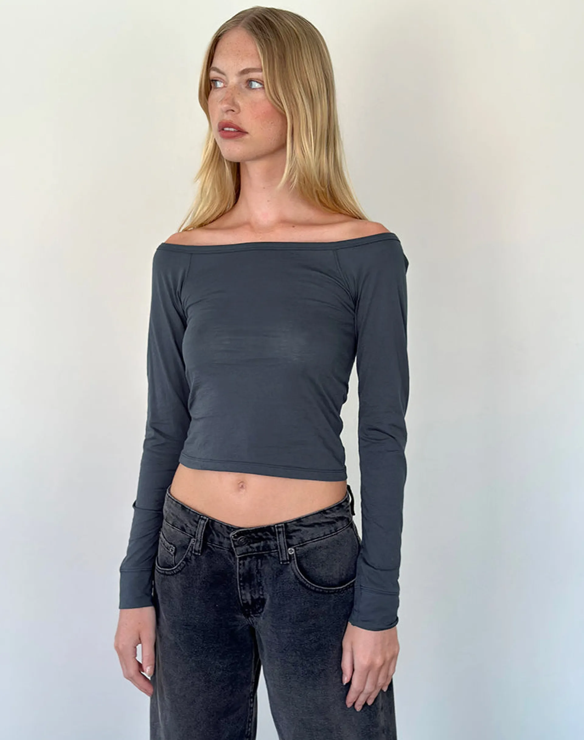 Motel Rocks Basics | Basic Tops-Gavya Long Sleeve Bardot Top in Ocean Storm Jersey OceanStormJersey