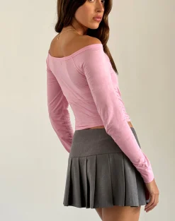 Motel Rocks Basics | Basic Tops-Gavya Long Sleeve Bardot Top in Flamingo Pink FlamingoPink