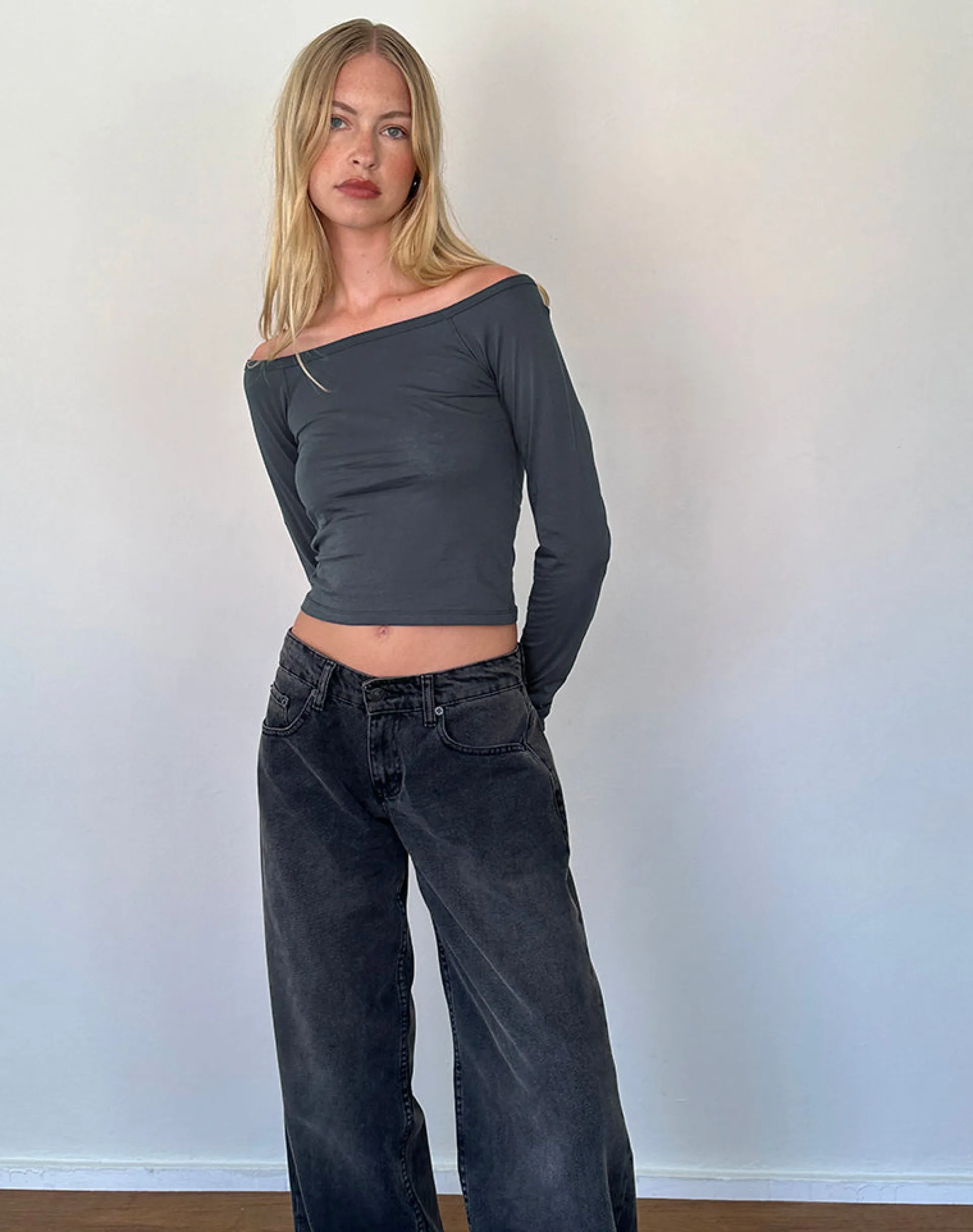 Motel Rocks Basics | Basic Tops-Gavya Long Sleeve Bardot Top in Ocean Storm Jersey OceanStormJersey