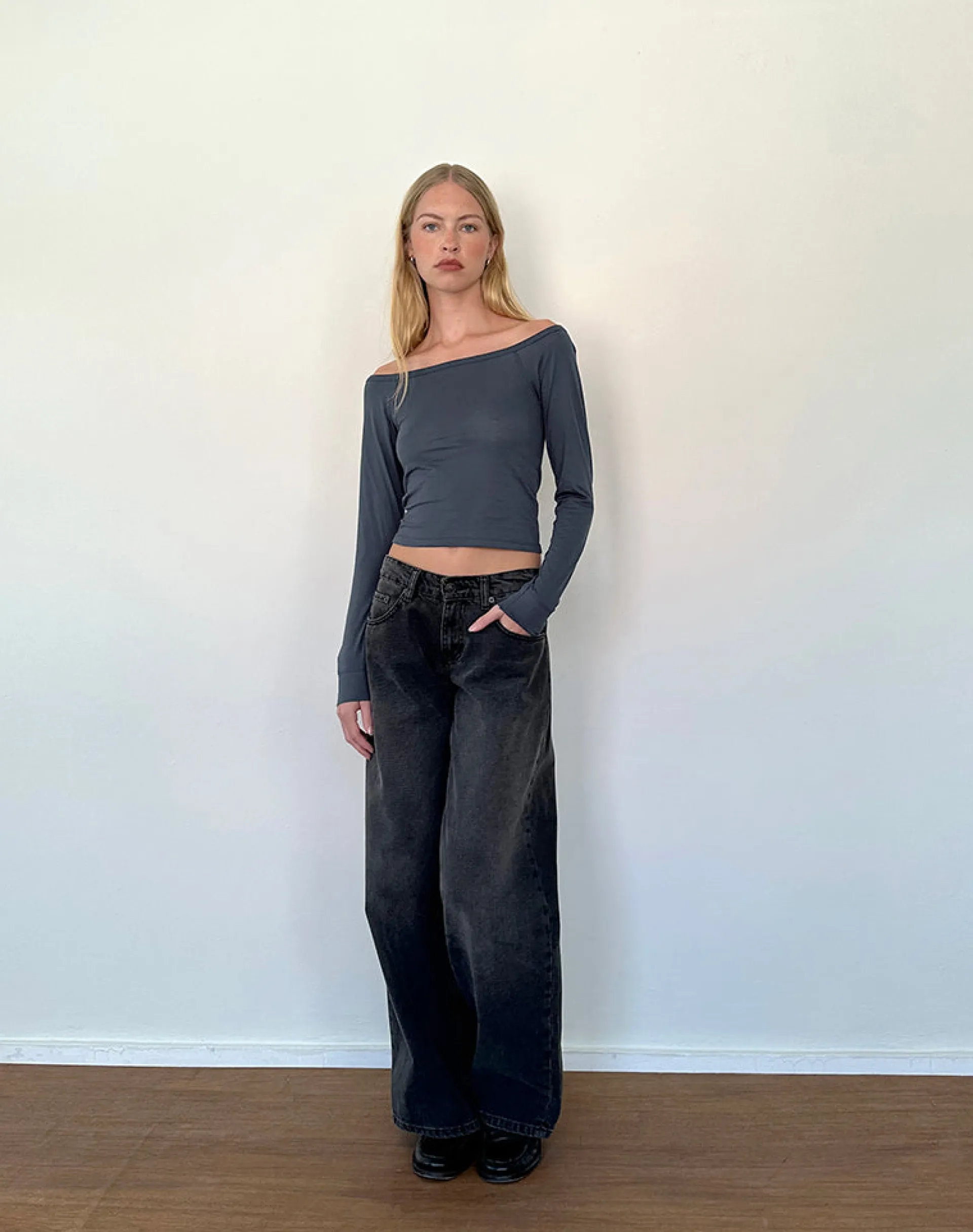 Motel Rocks Basics | Basic Tops-Gavya Long Sleeve Bardot Top in Ocean Storm Jersey OceanStormJersey