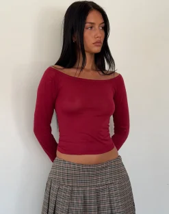 Motel Rocks Basics | Basic Tops-Gavya Long Sleeve Tissue Jersey Bardot Crop Top In Adrenaline Red adrenalinered