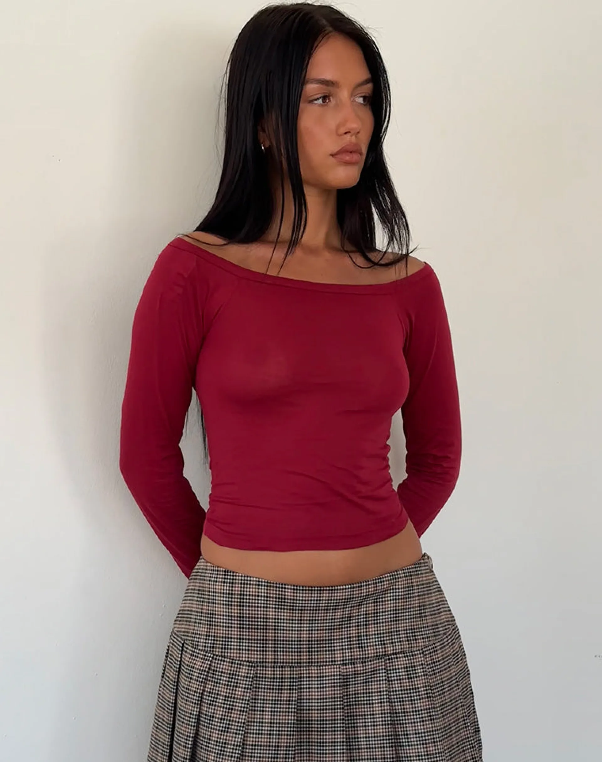 Motel Rocks Basics | Basic Tops-Gavya Long Sleeve Tissue Jersey Bardot Crop Top In Adrenaline Red adrenalinered