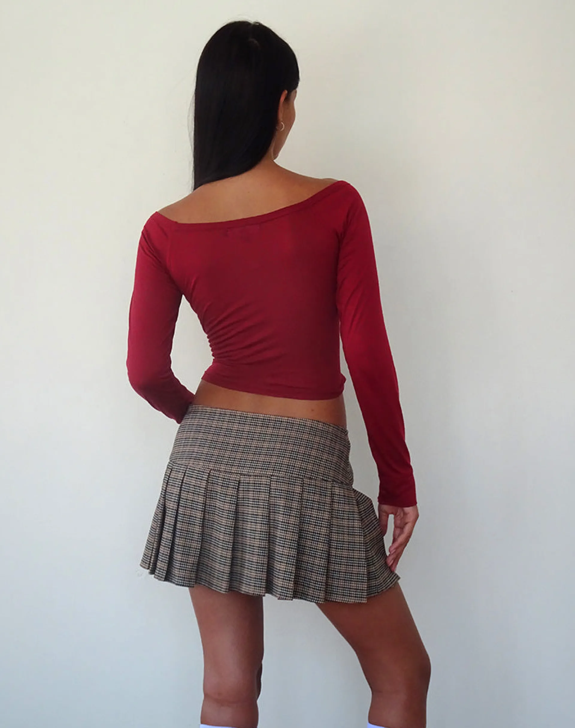 Motel Rocks Basics | Basic Tops-Gavya Long Sleeve Tissue Jersey Bardot Crop Top In Adrenaline Red adrenalinered