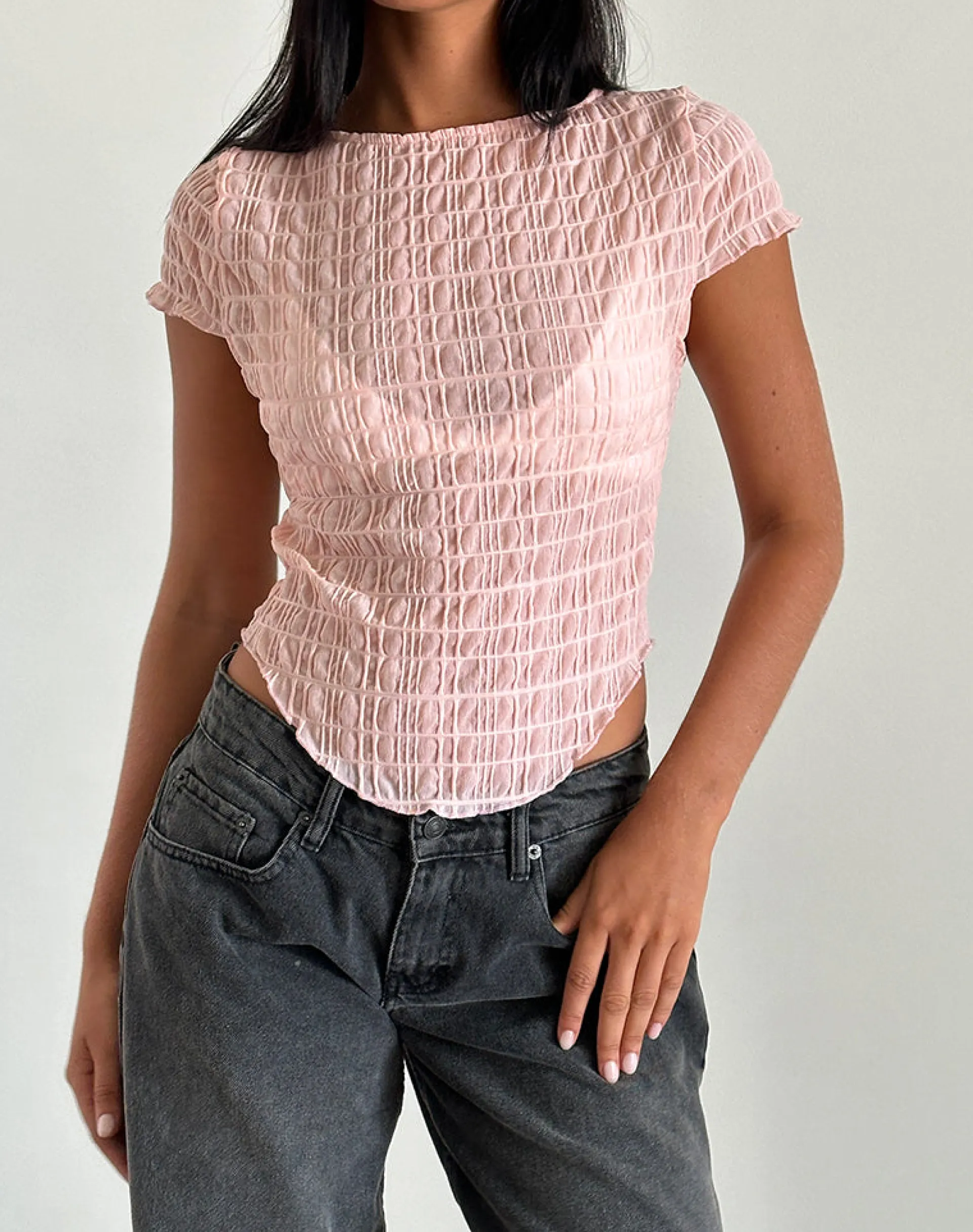 Motel Rocks Basic Tops | Tees-Georgia Textured Mesh Top in Blush Pink
