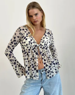 Motel Rocks Printed Tops | Long Sleeve Tops-Gerbera Long Sleeve Top in Grunge Floral Flock Cream