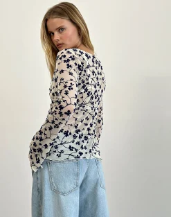 Motel Rocks Printed Tops | Long Sleeve Tops-Gerbera Long Sleeve Top in Grunge Floral Flock Cream