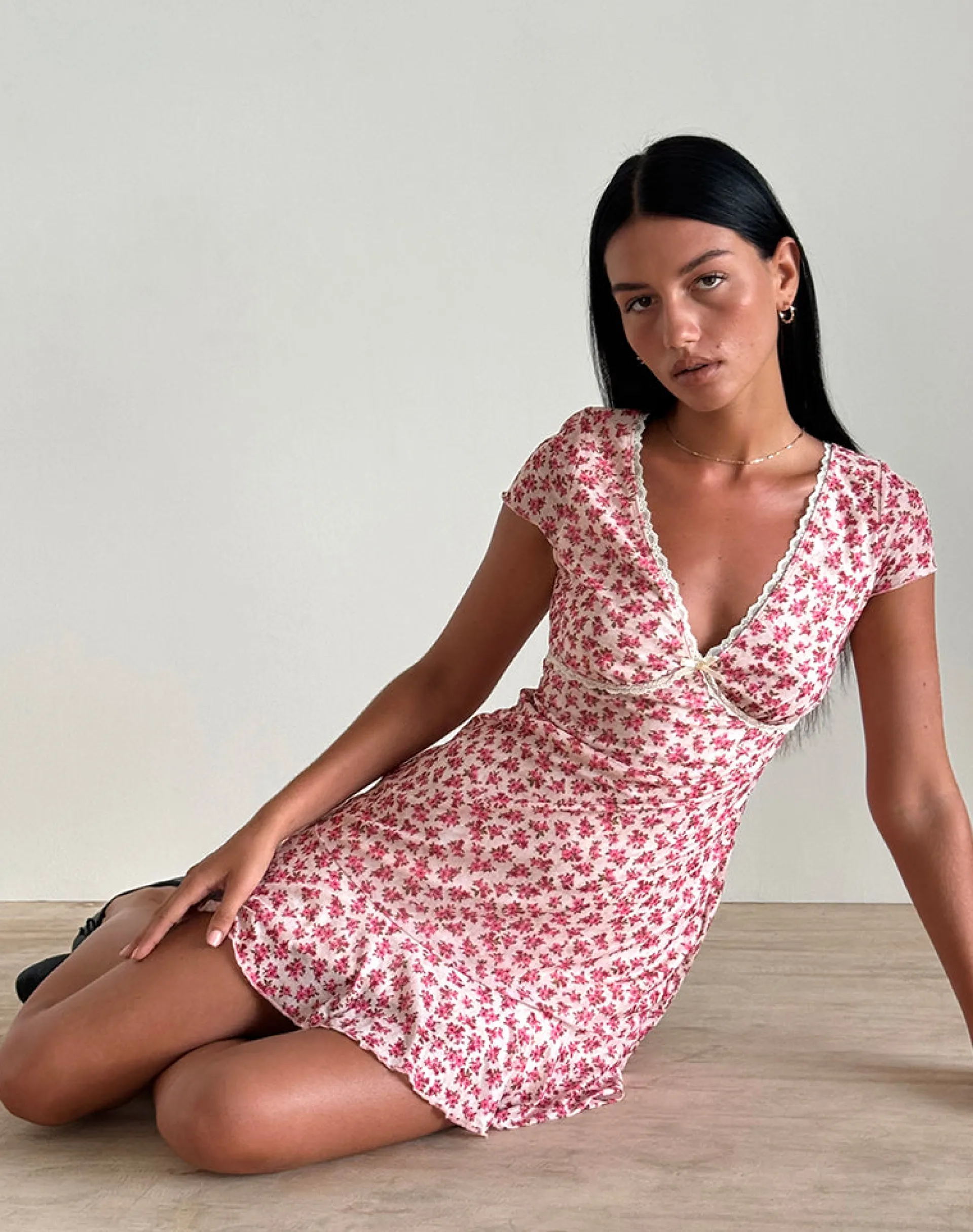 Motel Rocks Day Dresses | Bodycon Dresses-Ginevra Dress in Gardenia Romantic with Lace Trim GardeniaRomanticwithLaceTrim