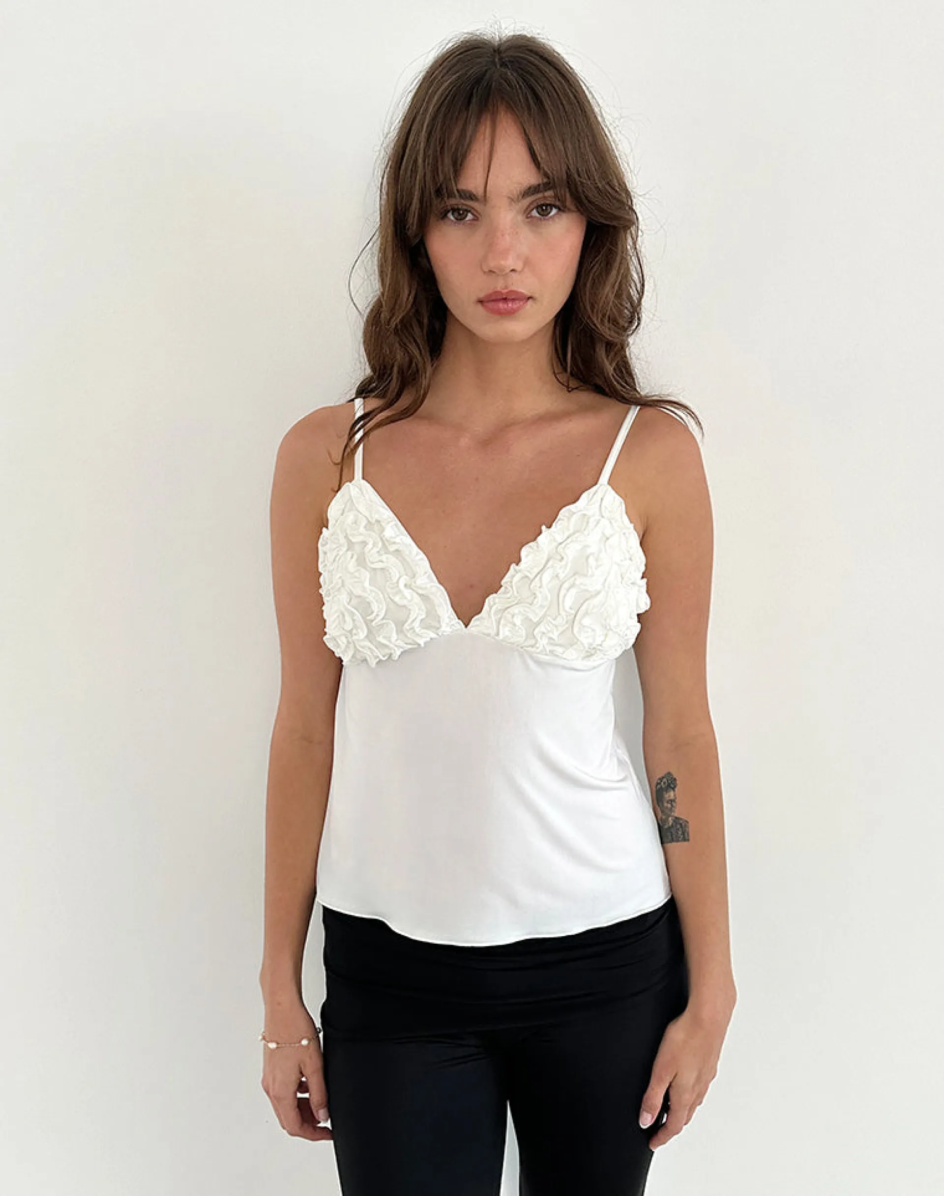 Motel Rocks Basic Tops | Strappy Tops-Gio Ruffle Cami Top in Slinky Ivory