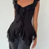 Motel Rocks Going Out Tops-Glaiza Ruffle Cami Top in Black