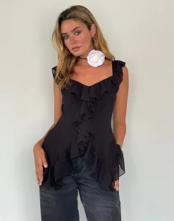 Motel Rocks Going Out Tops-Glaiza Ruffle Cami Top in Black
