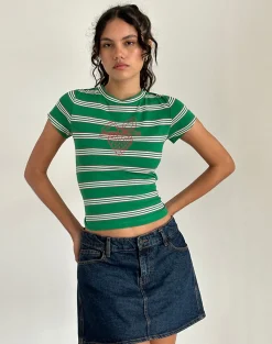 Motel Rocks Printed Tops | Tees-Glenda Jersey Tee in Green and White Stripe with Strawberry Motif
