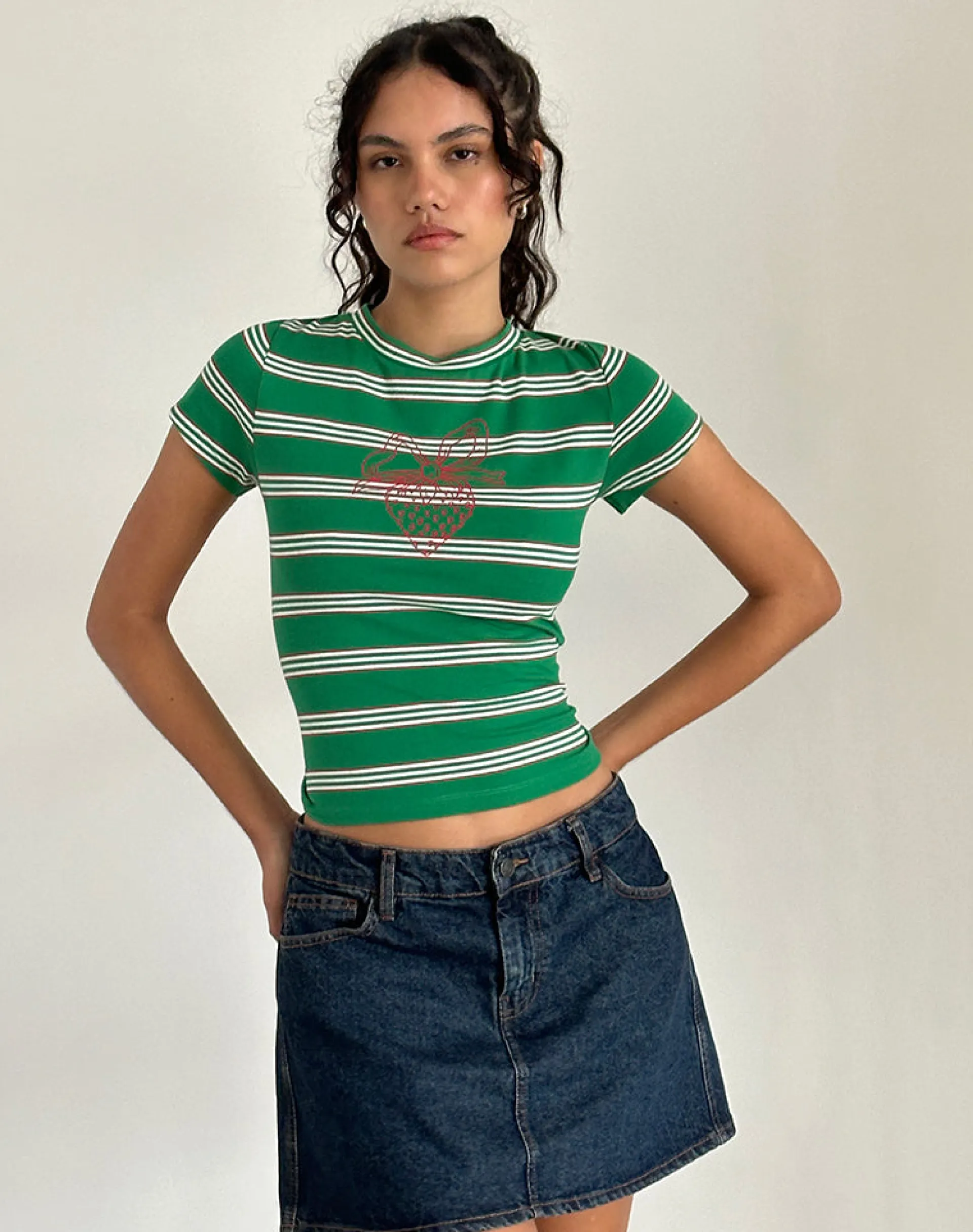 Motel Rocks Printed Tops | Tees-Glenda Jersey Tee in Green and White Stripe with Strawberry Motif
