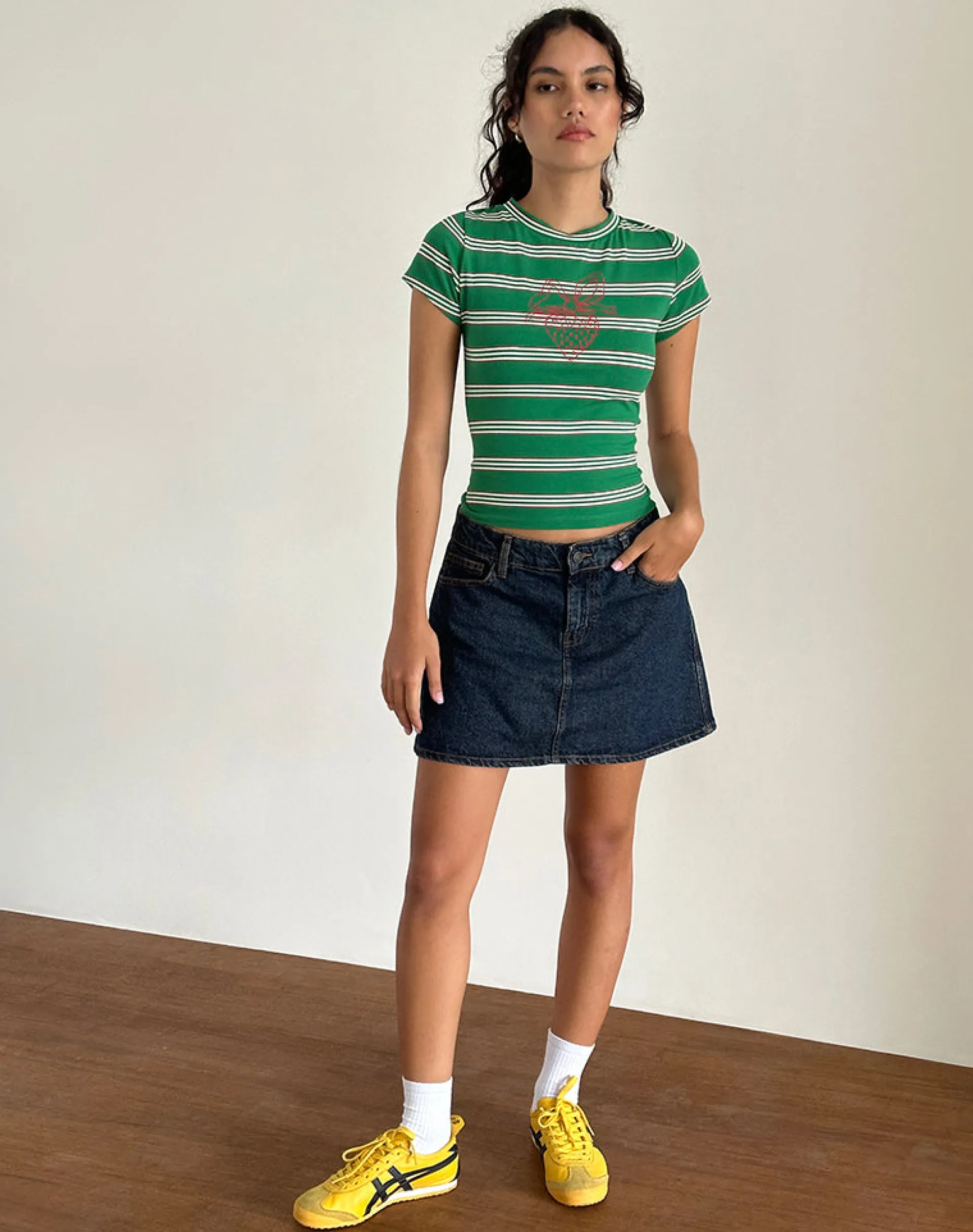 Motel Rocks Printed Tops | Tees-Glenda Jersey Tee in Green and White Stripe with Strawberry Motif