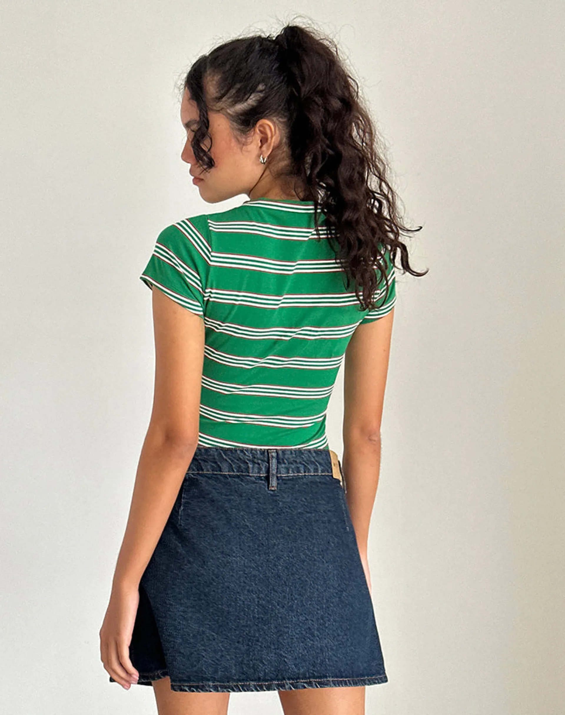 Motel Rocks Printed Tops | Tees-Glenda Jersey Tee in Green and White Stripe with Strawberry Motif